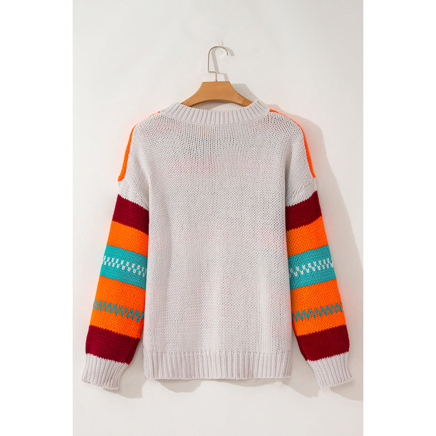 Contrast Striped Round Neck Long Sleeve Sweater Apparel and Accessories