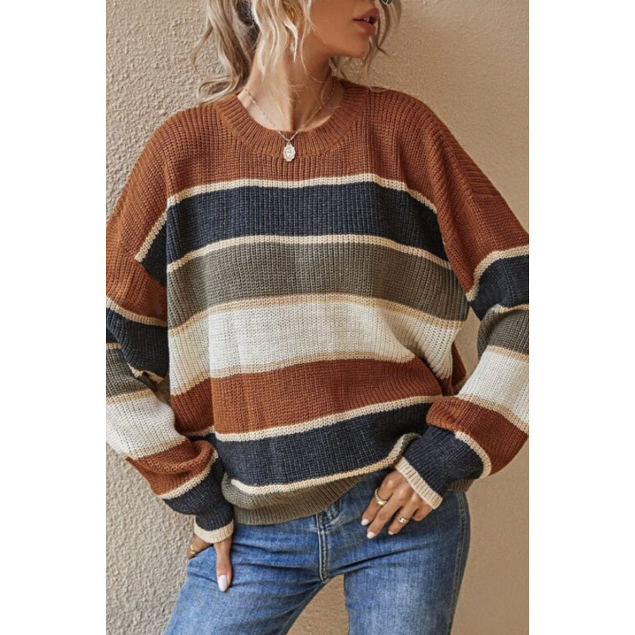 Contrast Striped Round Neck Long Sleeve Sweater Brown / S Apparel and Accessories