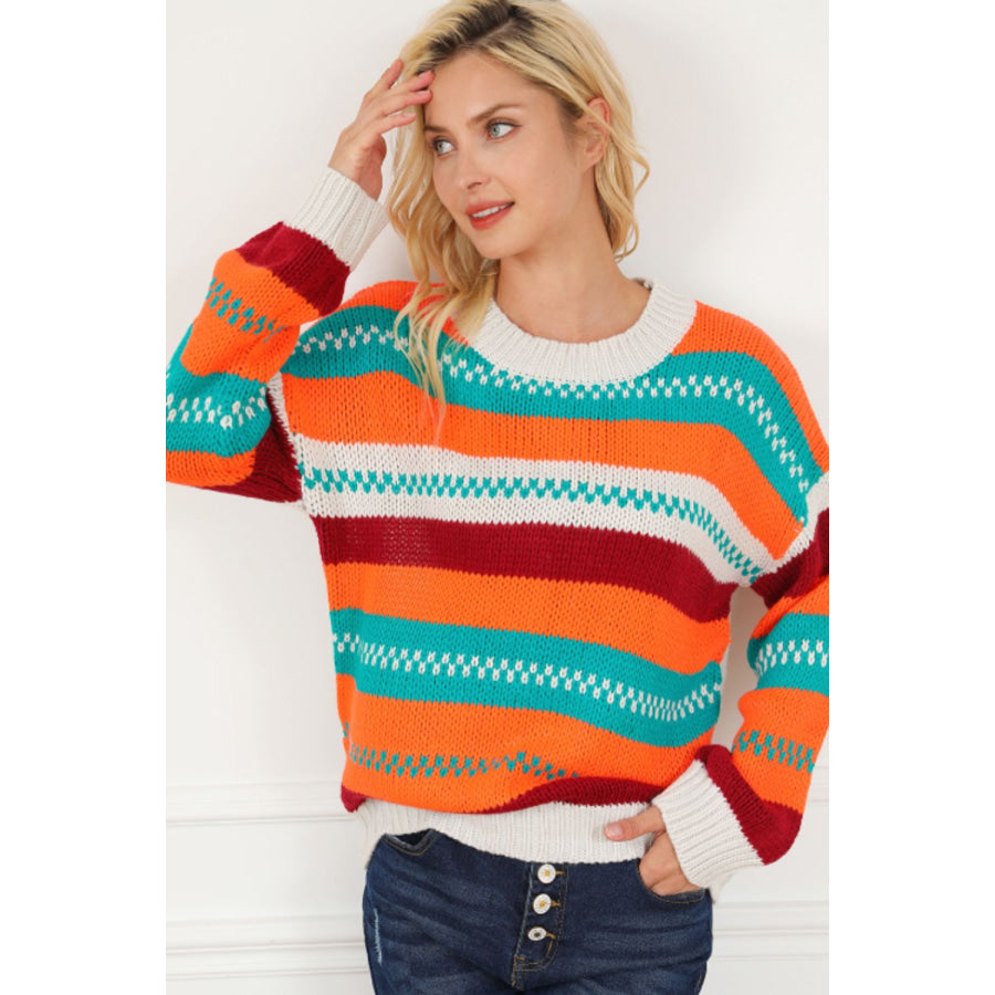 Contrast Striped Round Neck Long Sleeve Sweater Apparel and Accessories