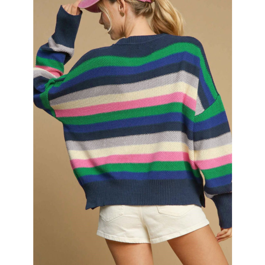 Contrast Striped Round Neck Long Sleeve Sweater Apparel and Accessories