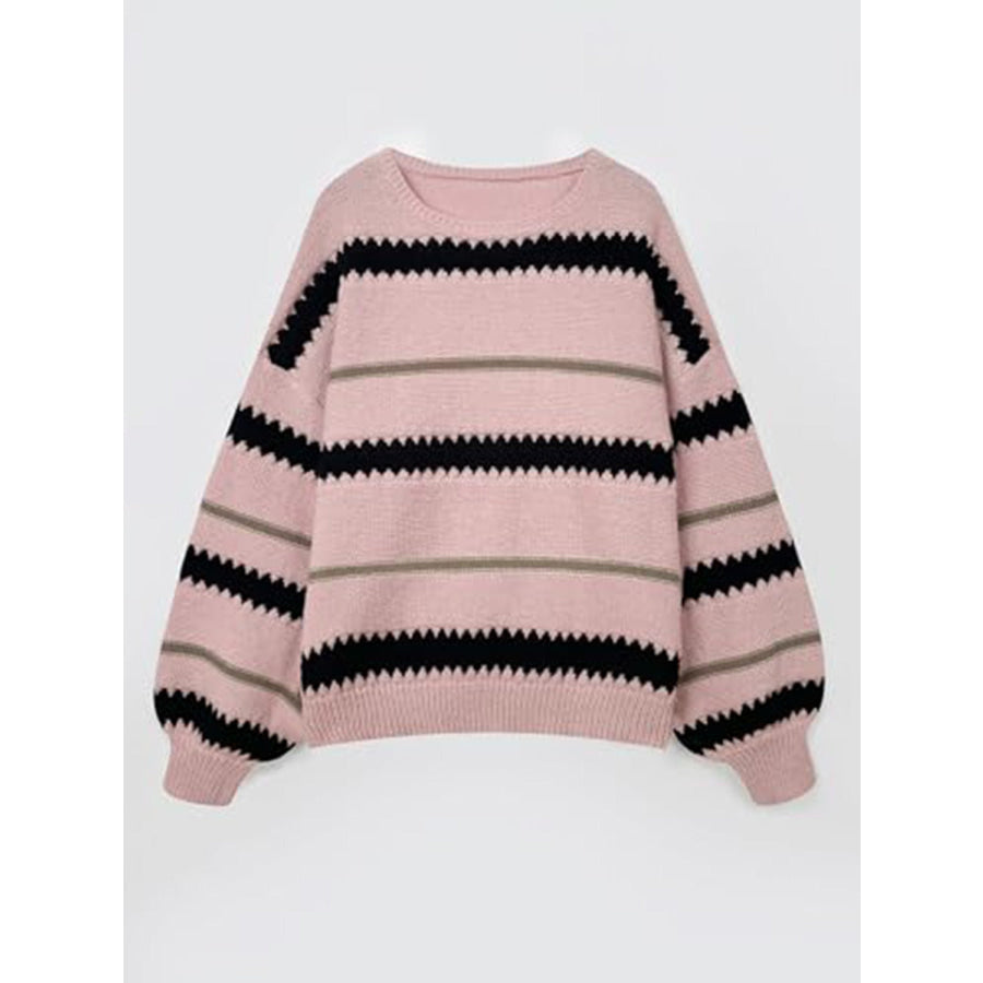 Contrast Striped Round Neck Long Sleeve Sweater Apparel and Accessories