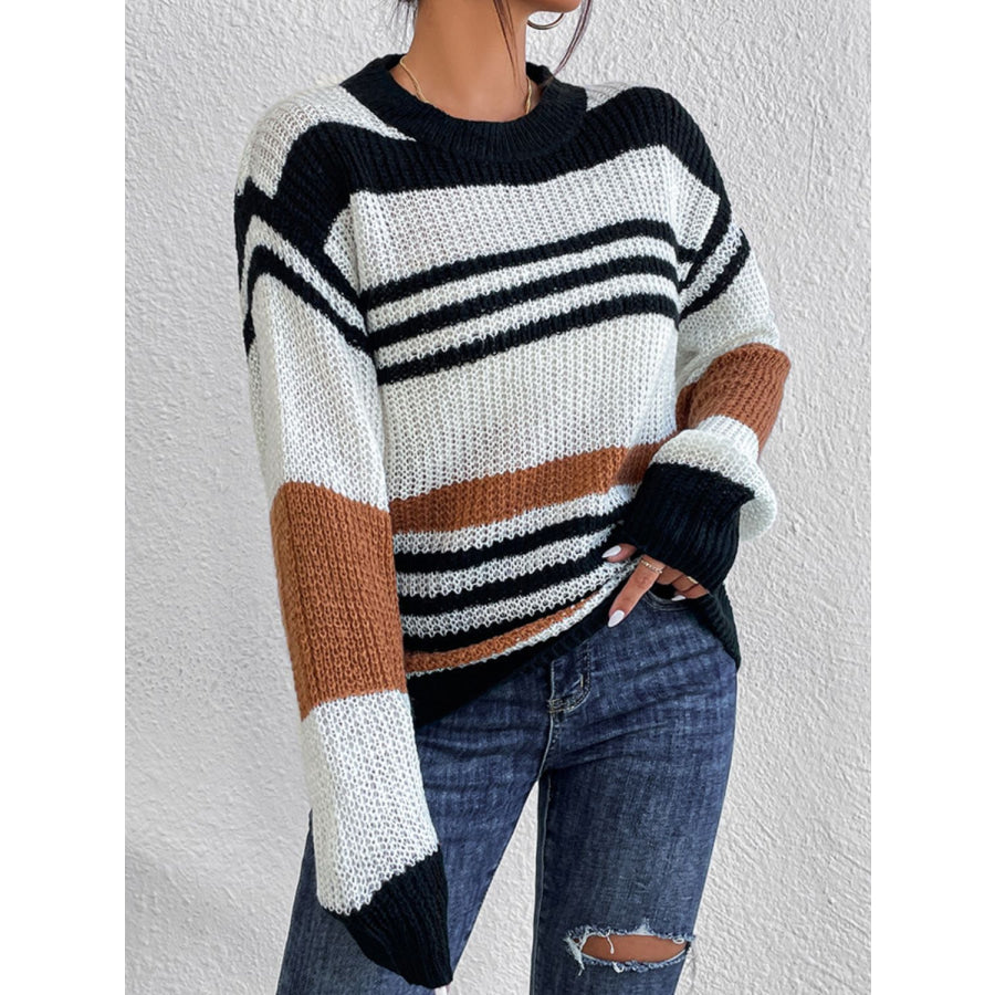 Contrast Striped Round Neck Long Sleeve Sweater Apparel and Accessories