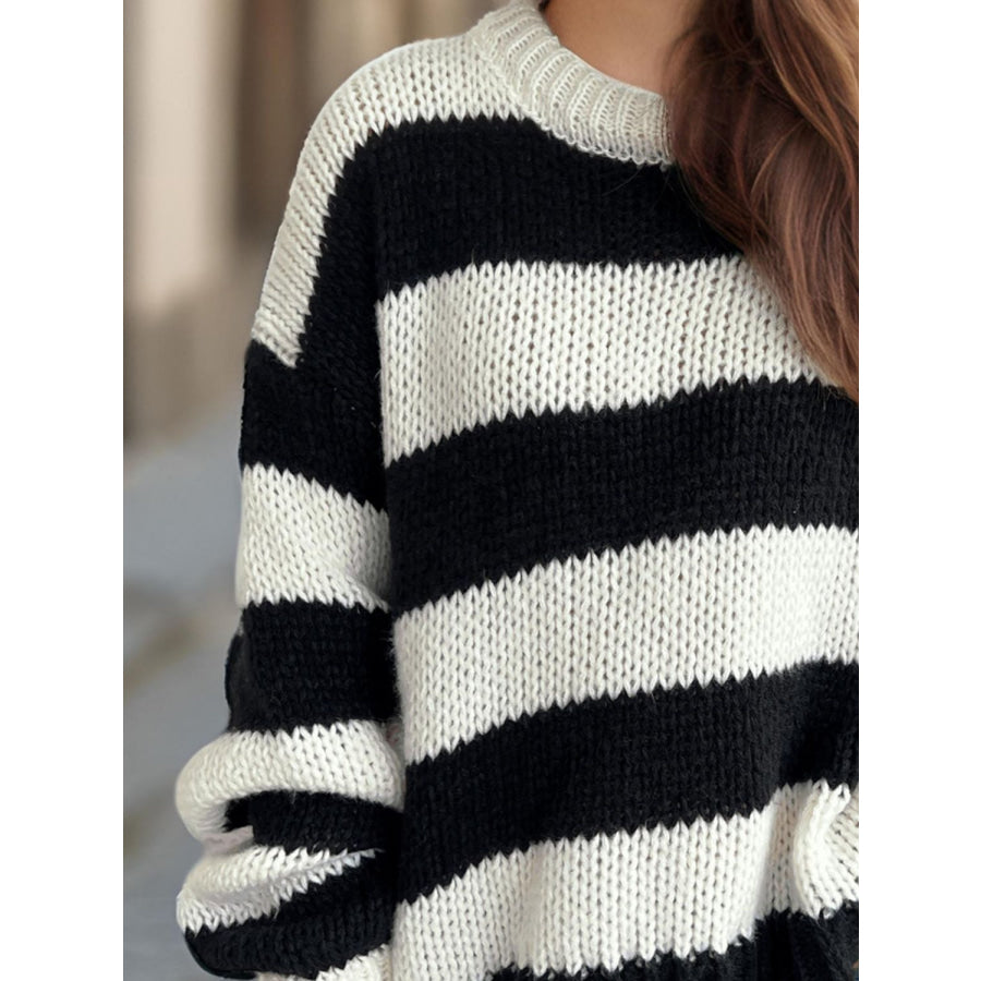 Contrast Striped Round Neck Long Sleeve Sweater Black / One Size Apparel and Accessories