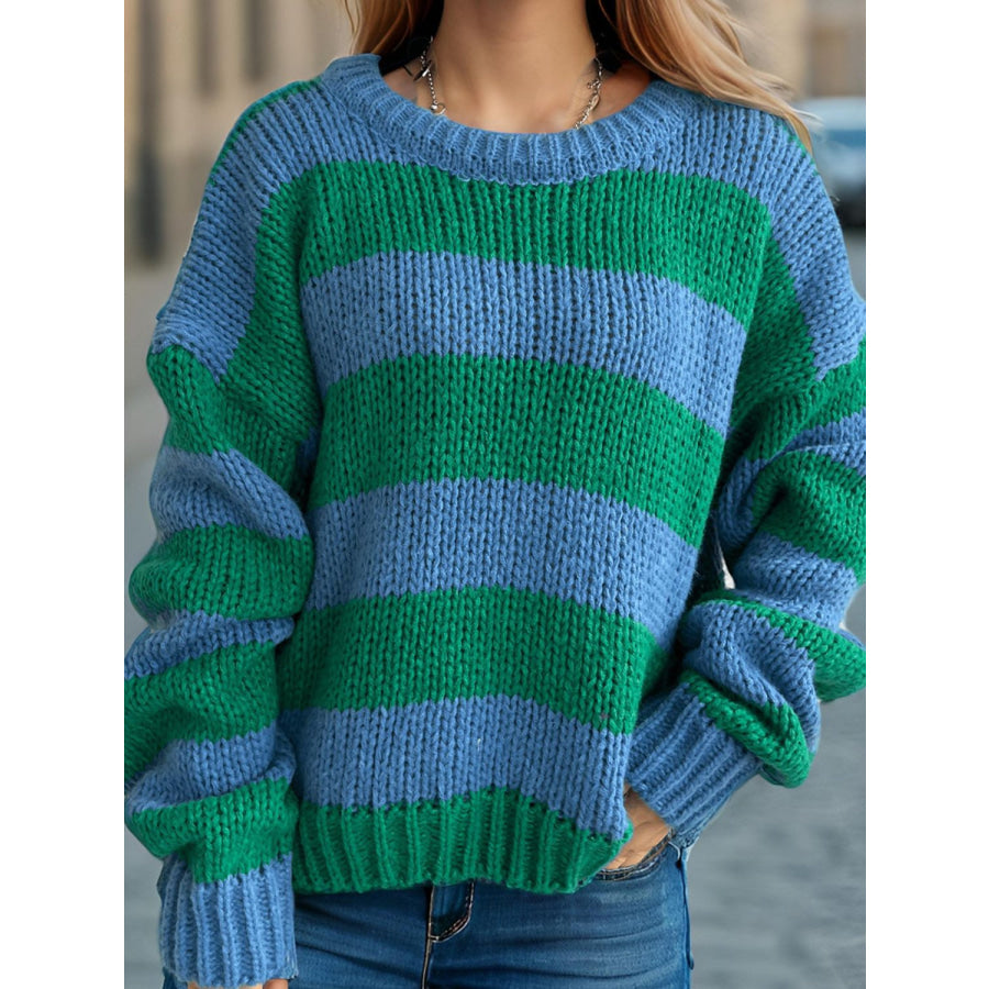 Contrast Striped Round Neck Long Sleeve Sweater Blue / One Size Apparel and Accessories