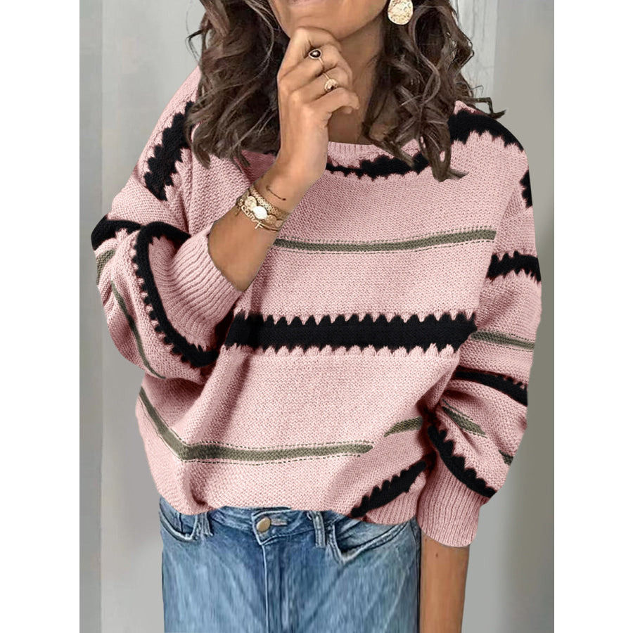 Contrast Striped Round Neck Long Sleeve Sweater Blush Pink / S Apparel and Accessories