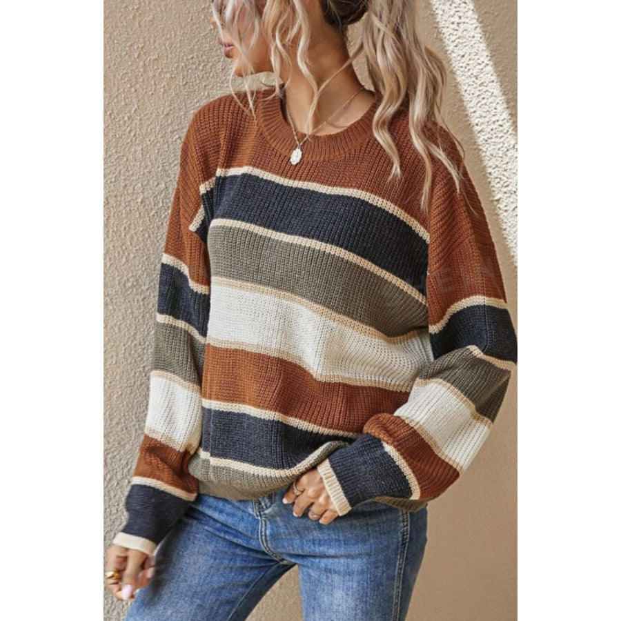 Contrast Striped Round Neck Long Sleeve Sweater Brown / S Apparel and Accessories