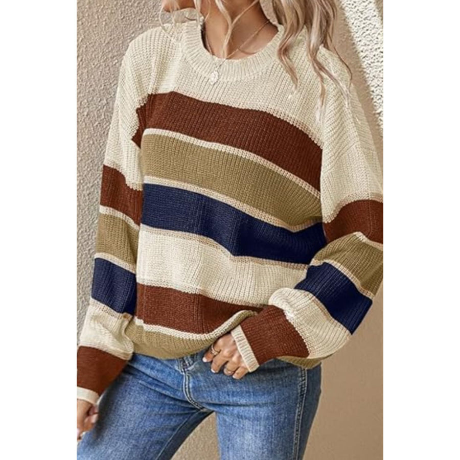 Contrast Striped Round Neck Long Sleeve Sweater Cream / S Apparel and Accessories