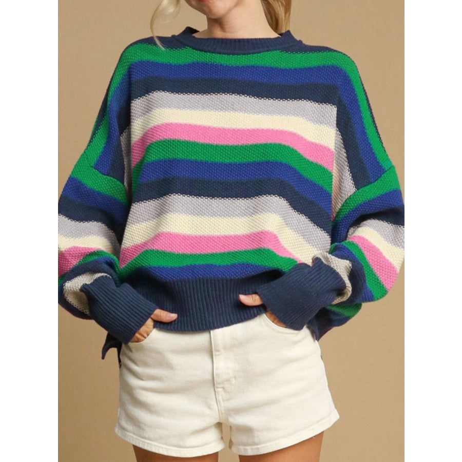 Contrast Striped Round Neck Long Sleeve Sweater Green / S Apparel and Accessories