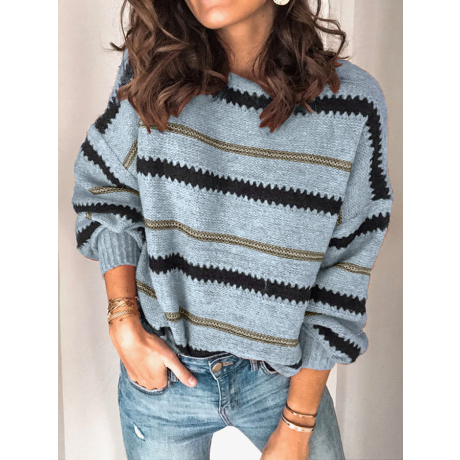 Contrast Striped Round Neck Long Sleeve Sweater Light Blue / S Apparel and Accessories