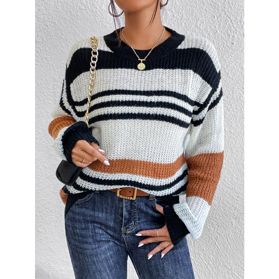 Contrast Striped Round Neck Long Sleeve Sweater Multicolor / S Apparel and Accessories