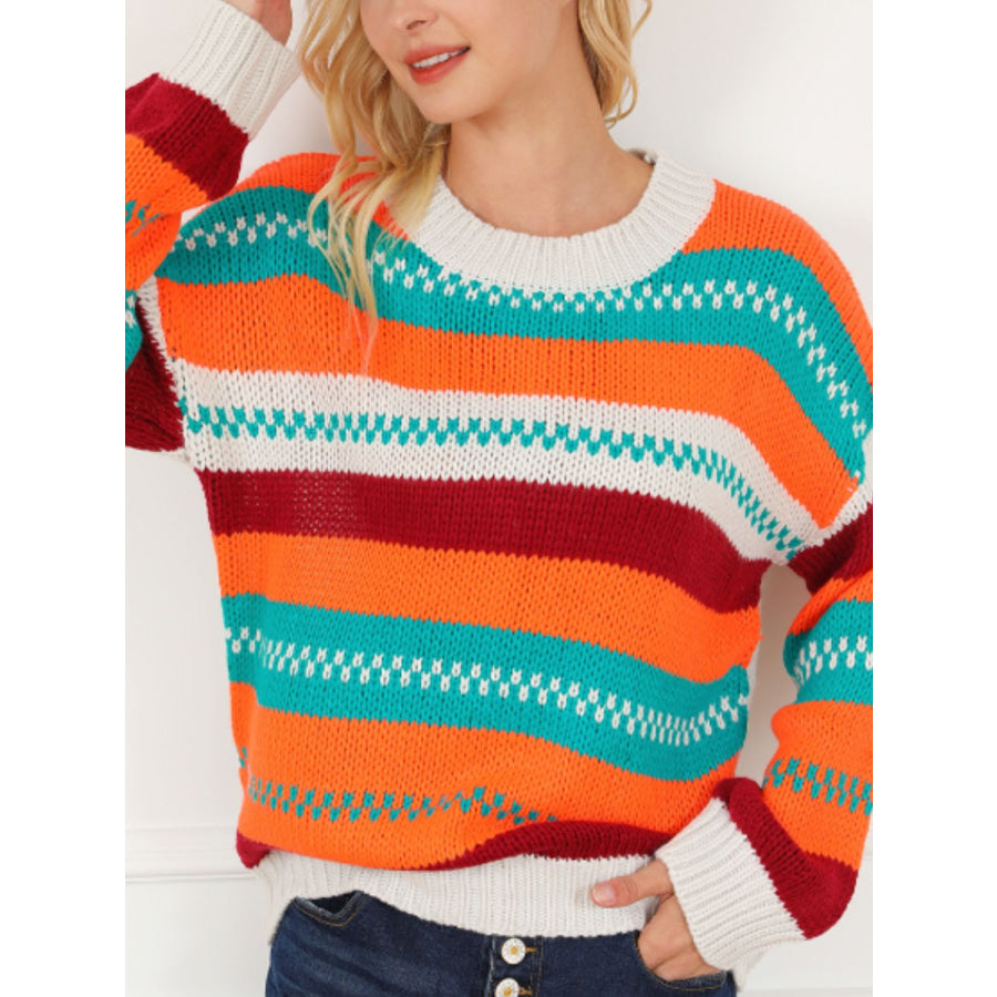 Contrast Striped Round Neck Long Sleeve Sweater Stripe / S Apparel and Accessories