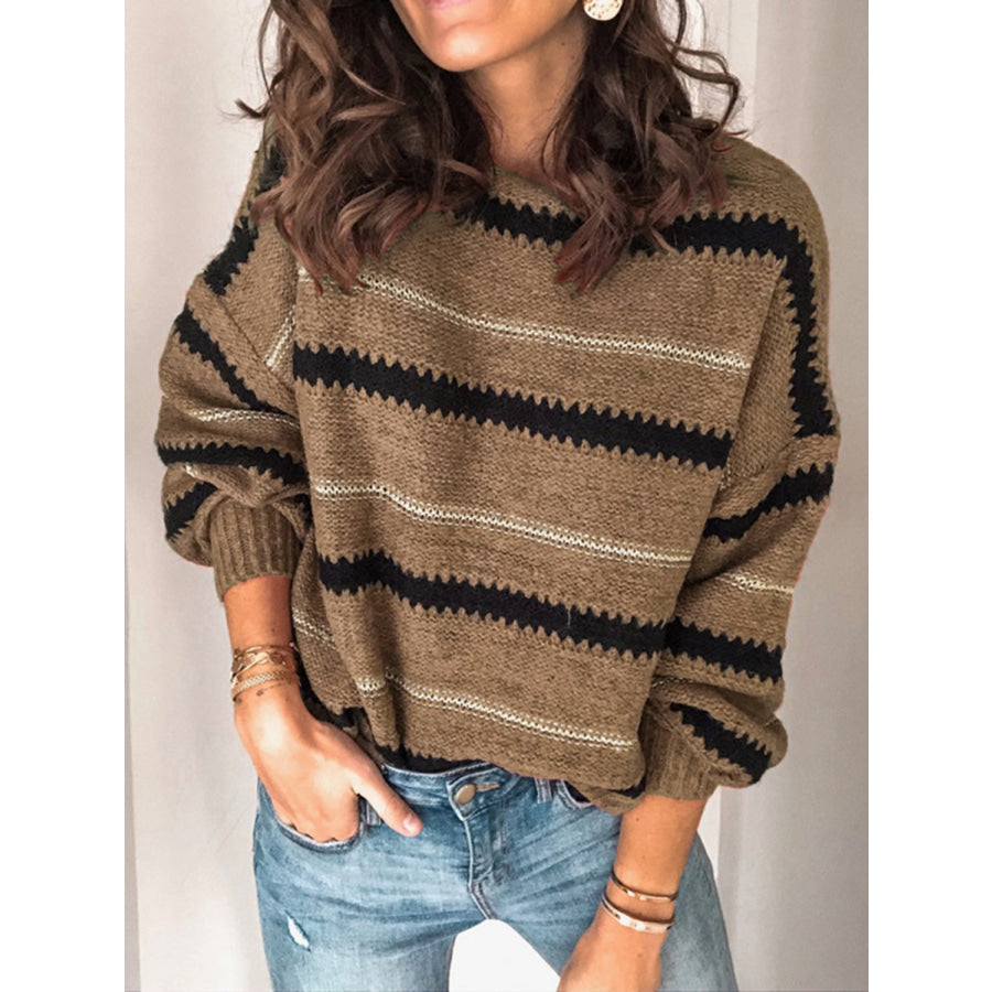 Contrast Striped Round Neck Long Sleeve Sweater Taupe / S Apparel and Accessories