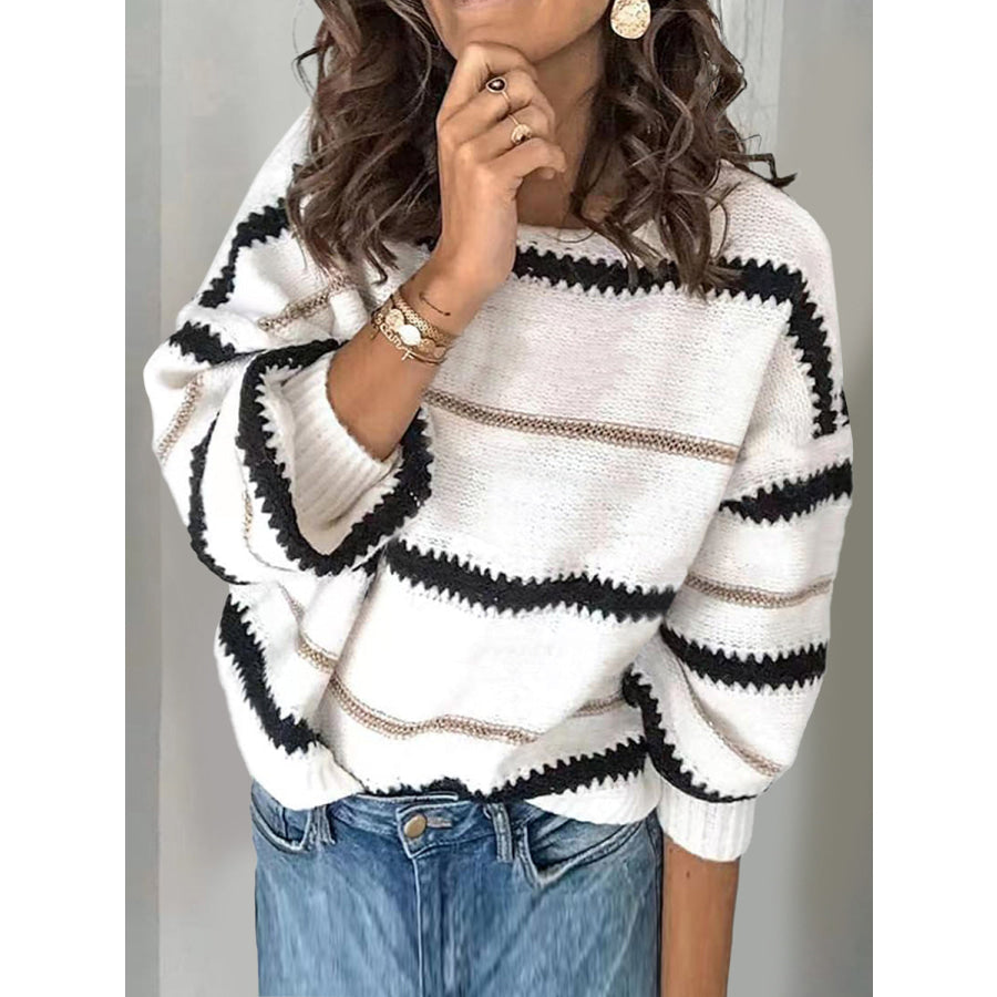 Contrast Striped Round Neck Long Sleeve Sweater White / S Apparel and Accessories