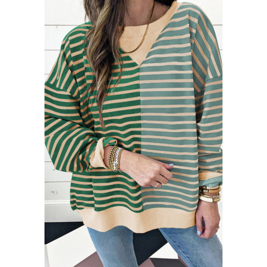 Contrast Striped Round Neck Long Sleeve Sweatshirt Apparel and Accessories