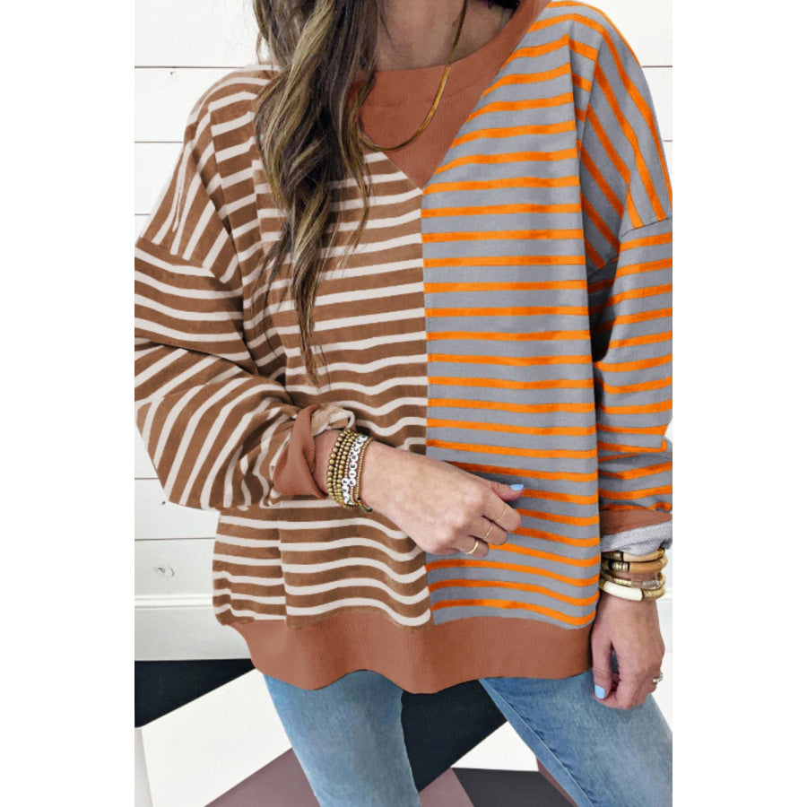 Contrast Striped Round Neck Long Sleeve Sweatshirt Apparel and Accessories