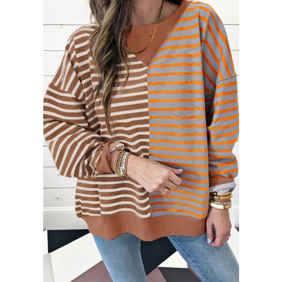 Contrast Striped Round Neck Long Sleeve Sweatshirt Brown / S Apparel and Accessories