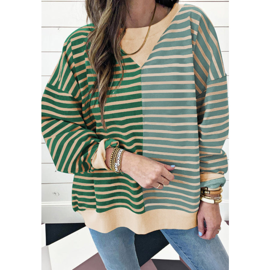 Contrast Striped Round Neck Long Sleeve Sweatshirt Green / S Apparel and Accessories