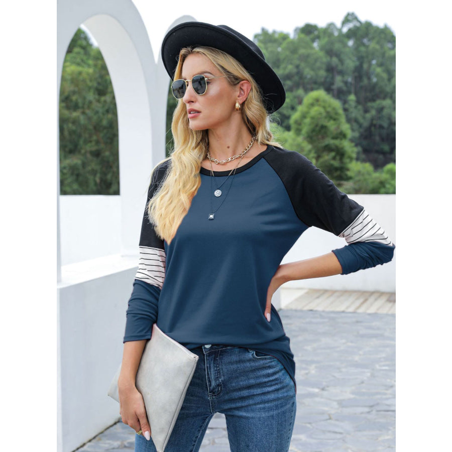 Contrast Striped Round Neck Long Sleeve T-Shirt Apparel and Accessories