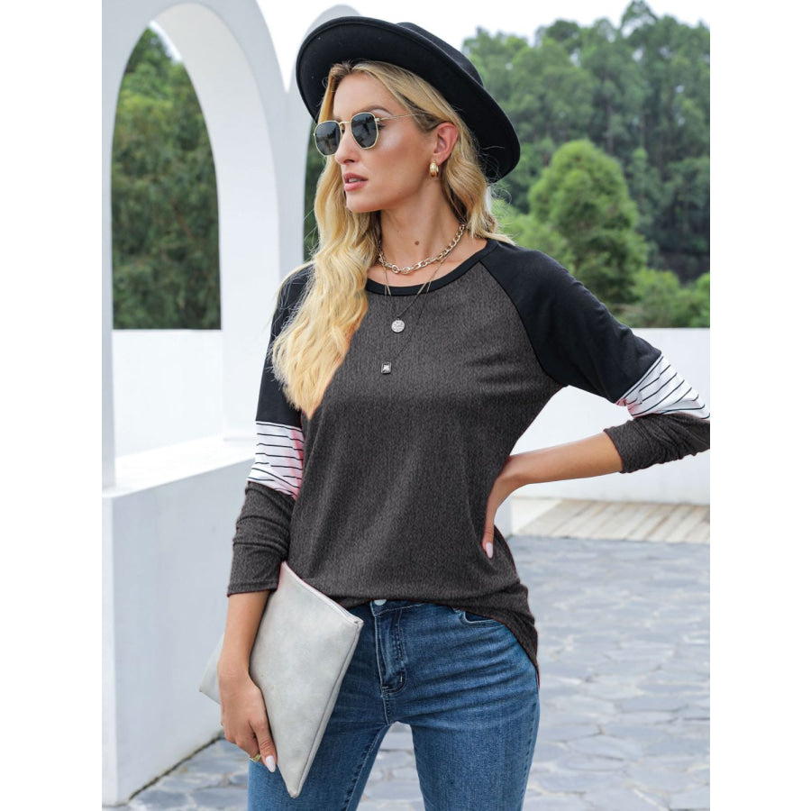 Contrast Striped Round Neck Long Sleeve T-Shirt Apparel and Accessories