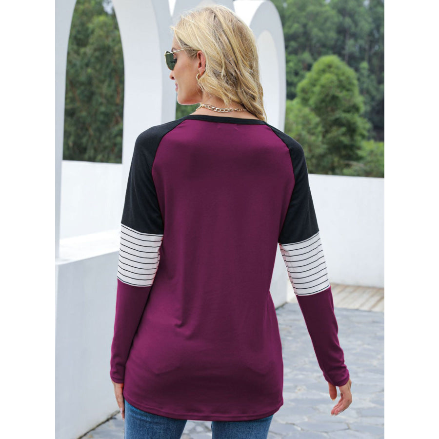 Contrast Striped Round Neck Long Sleeve T-Shirt Apparel and Accessories