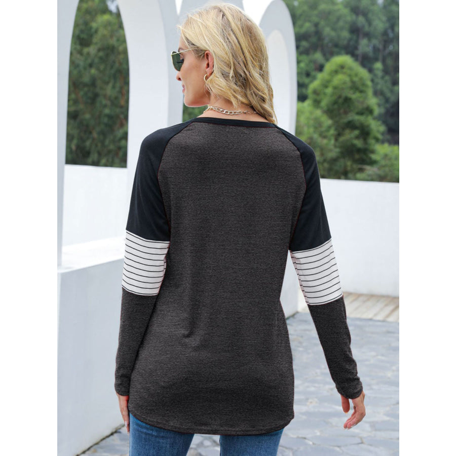 Contrast Striped Round Neck Long Sleeve T-Shirt Apparel and Accessories