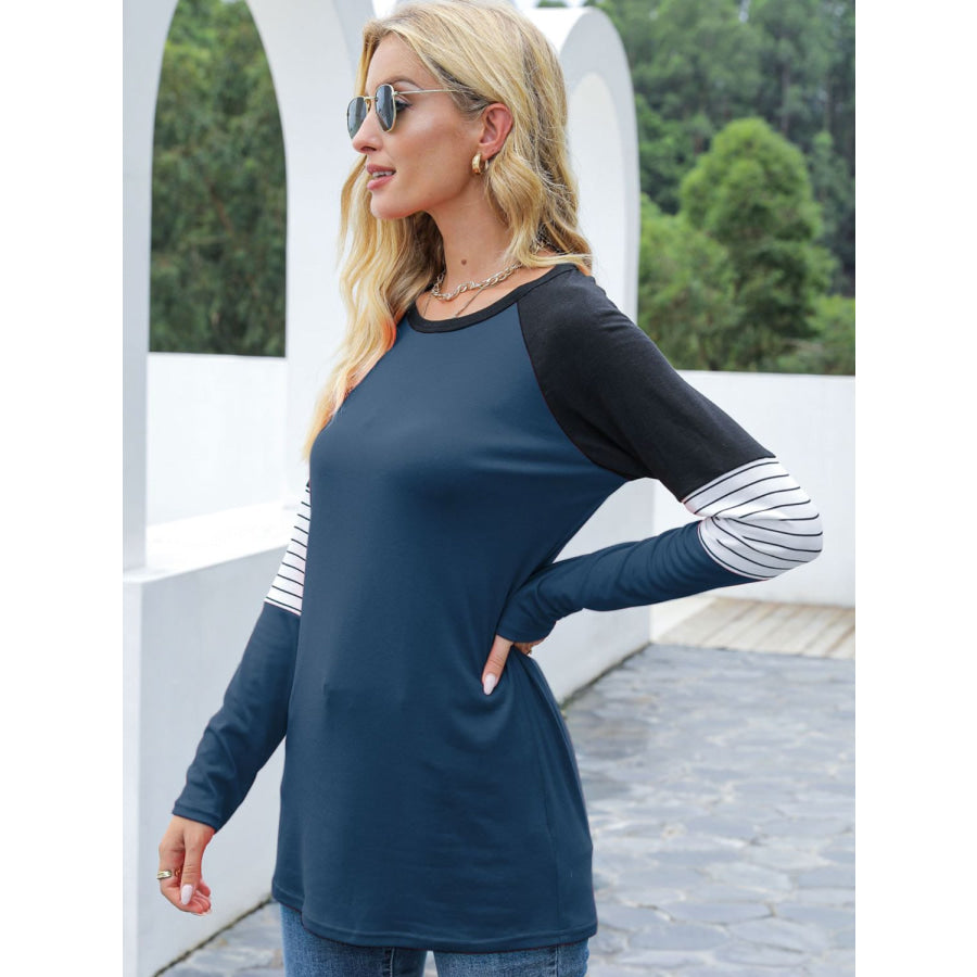 Contrast Striped Round Neck Long Sleeve T-Shirt Apparel and Accessories