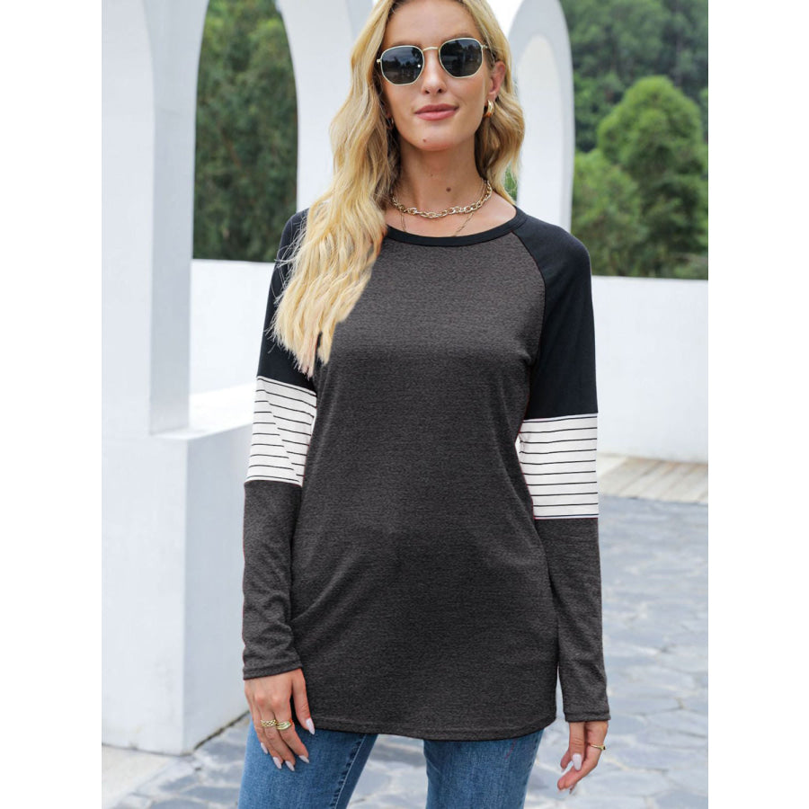 Contrast Striped Round Neck Long Sleeve T-Shirt Black / S Apparel and Accessories