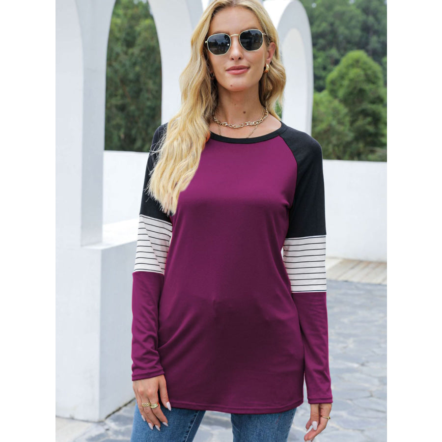 Contrast Striped Round Neck Long Sleeve T-Shirt Red-Violet / S Apparel and Accessories