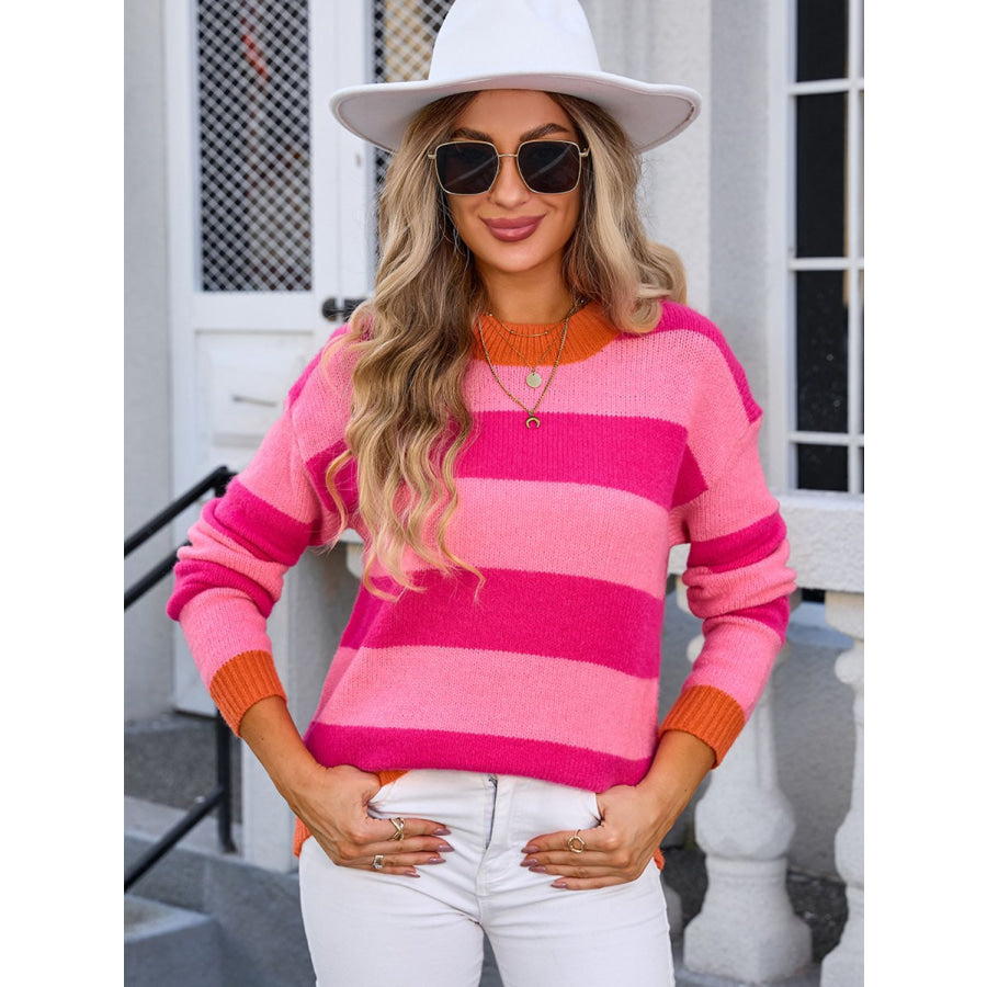 Contrast Striped Round Neck Sweater Apparel and Accessories