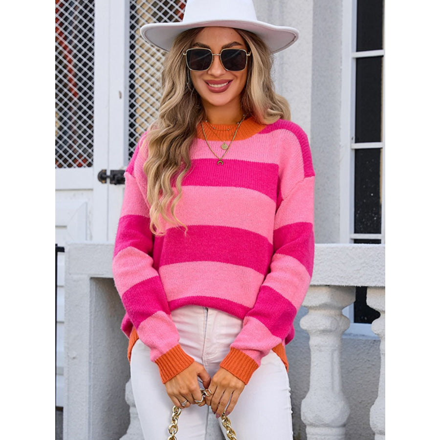 Contrast Striped Round Neck Sweater Apparel and Accessories