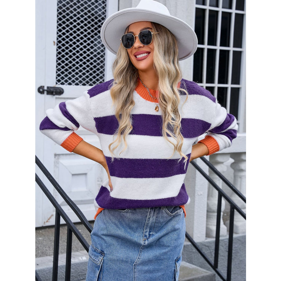 Contrast Striped Round Neck Sweater Apparel and Accessories