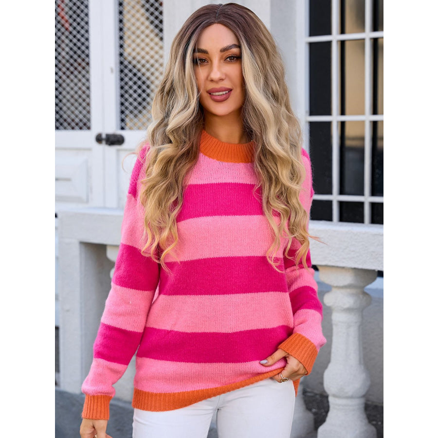 Contrast Striped Round Neck Sweater Deep Rose / S Apparel and Accessories