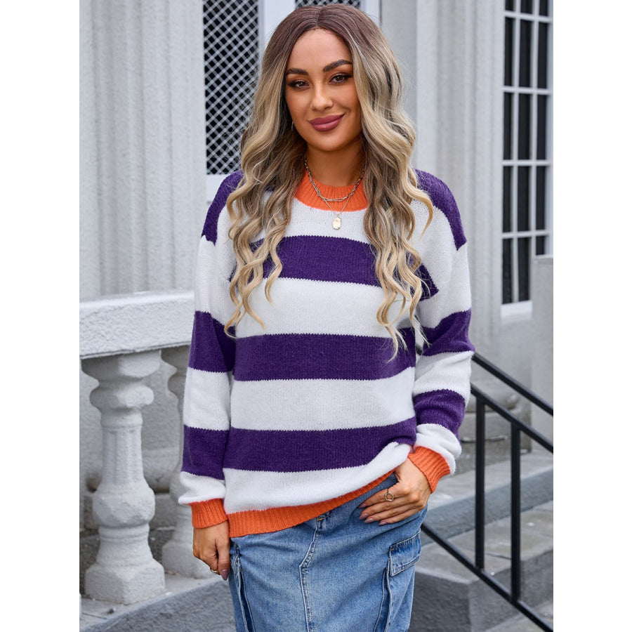 Contrast Striped Round Neck Sweater Violet / S Apparel and Accessories