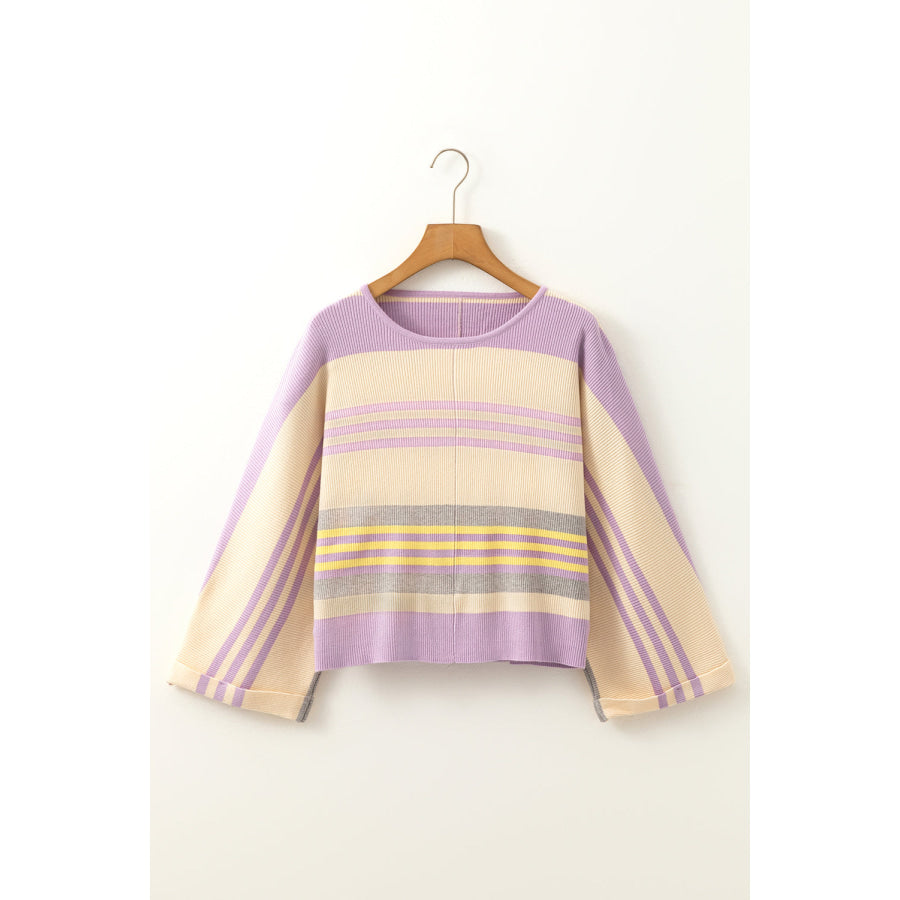 Contrast Striped Round Neck Three-Quarter Sleeve Top Apparel and Accessories