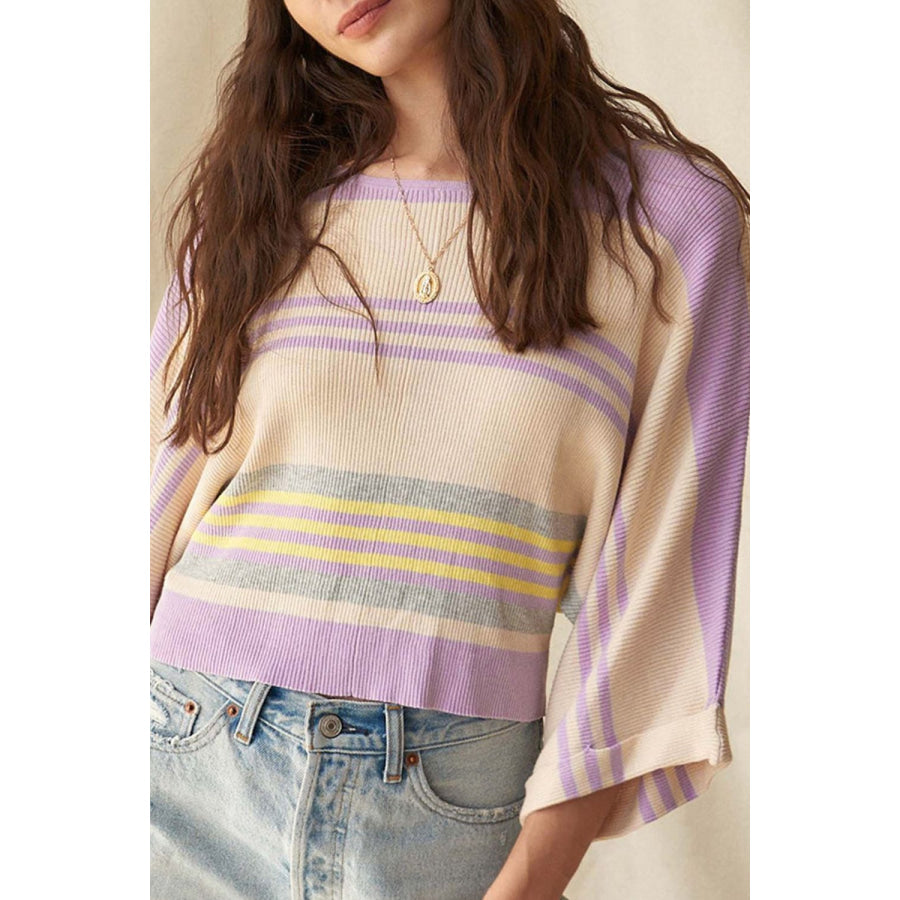 Contrast Striped Round Neck Three-Quarter Sleeve Top Pink Purple / S Apparel and Accessories