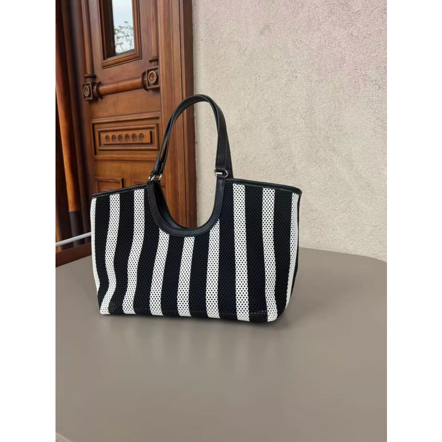 Contrast Striped Tote Bag Black White / One Size Apparel and Accessories