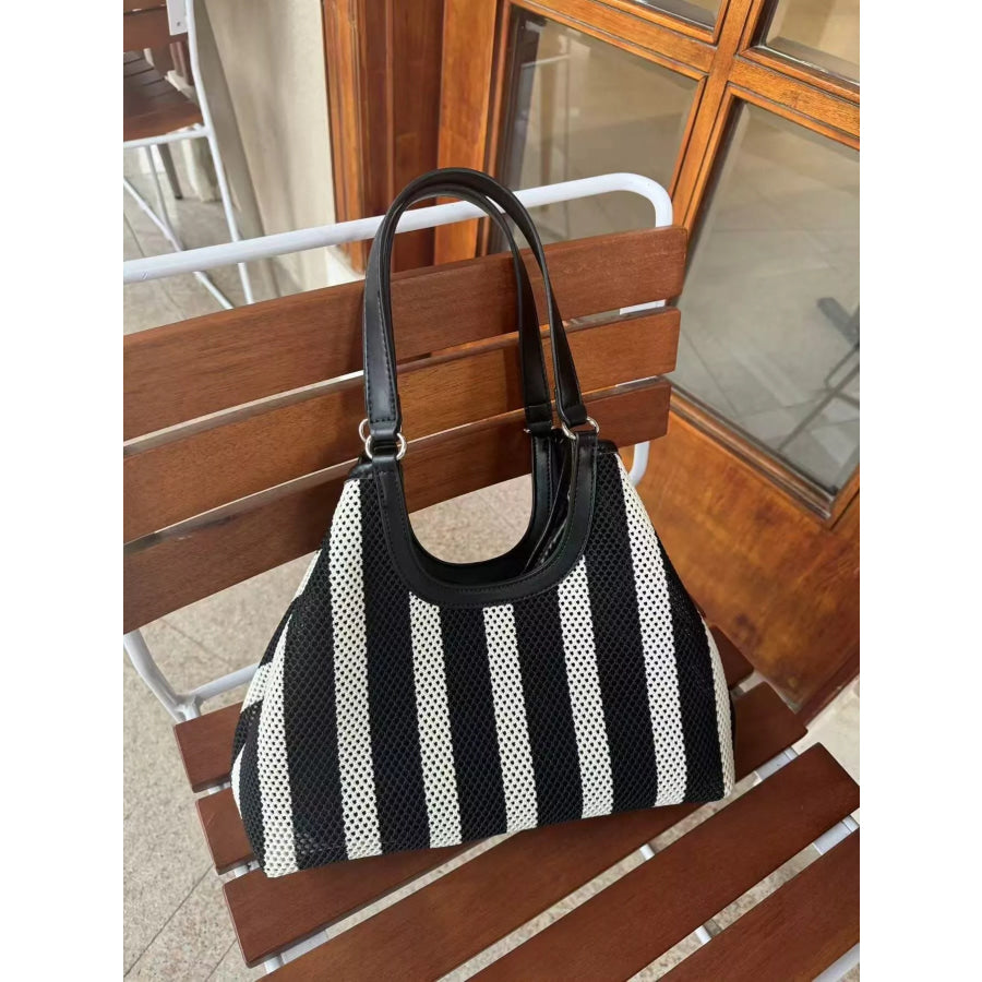 Contrast Striped Tote Bag Black White / One Size Apparel and Accessories