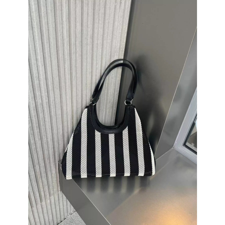 Contrast Striped Tote Bag Black White / One Size Apparel and Accessories