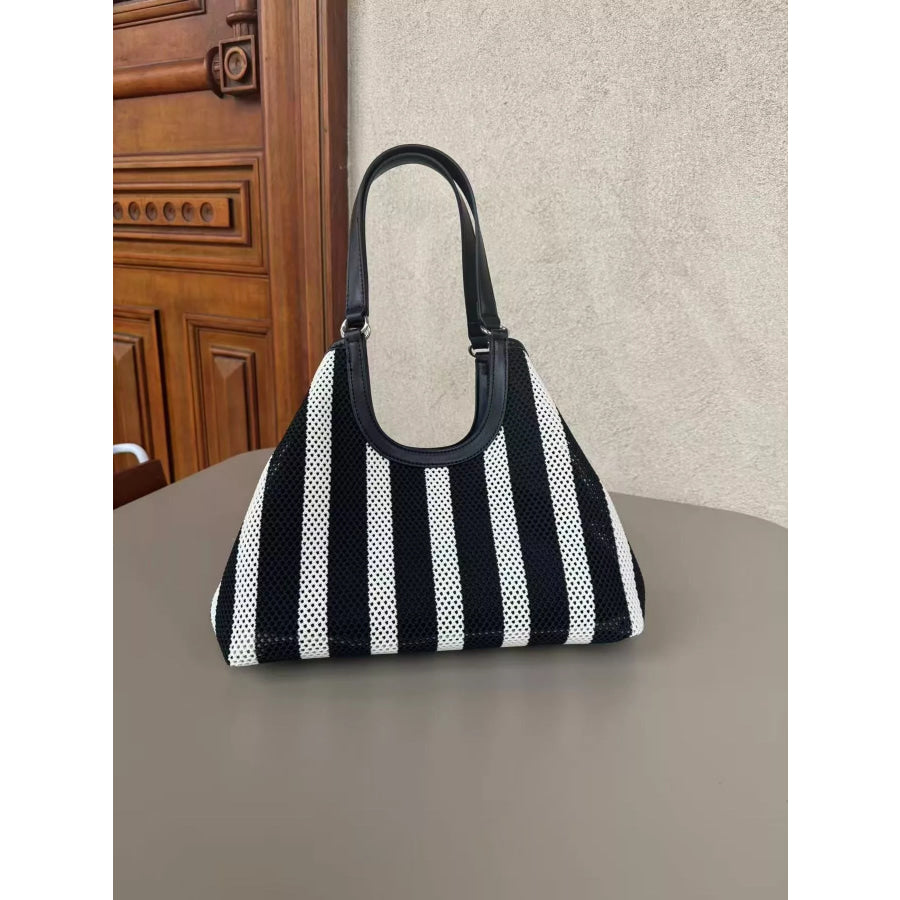 Contrast Striped Tote Bag Black White / One Size Apparel and Accessories