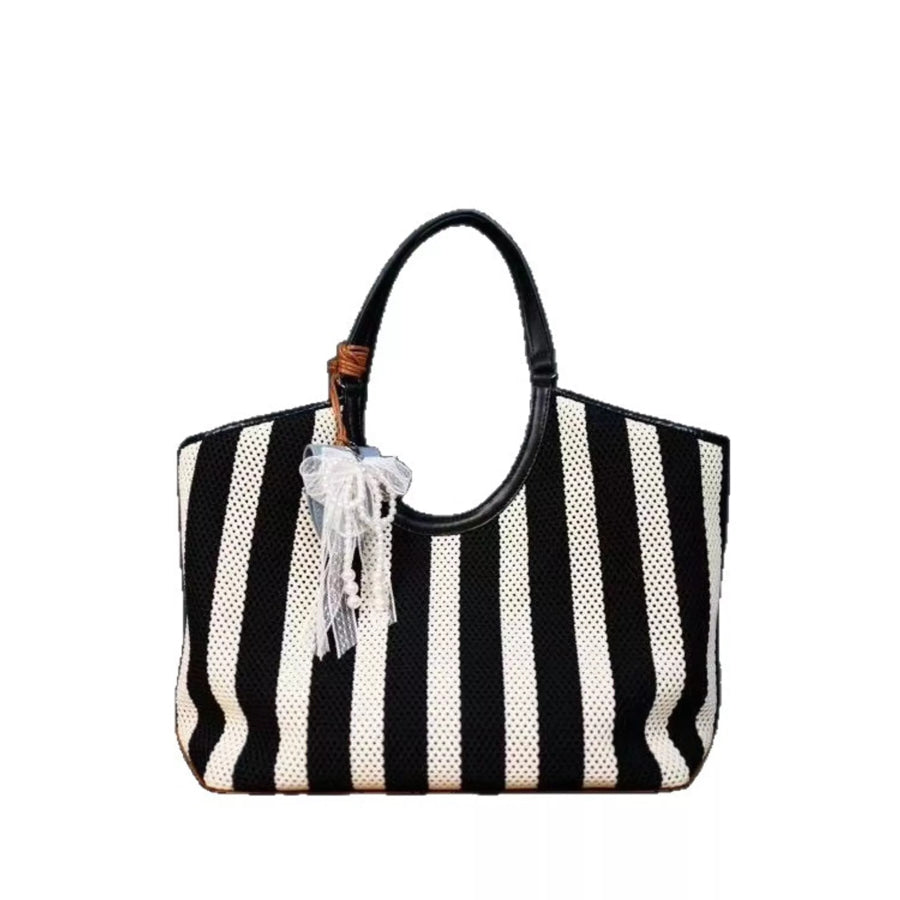 Contrast Striped Tote Bag Black White / One Size Apparel and Accessories