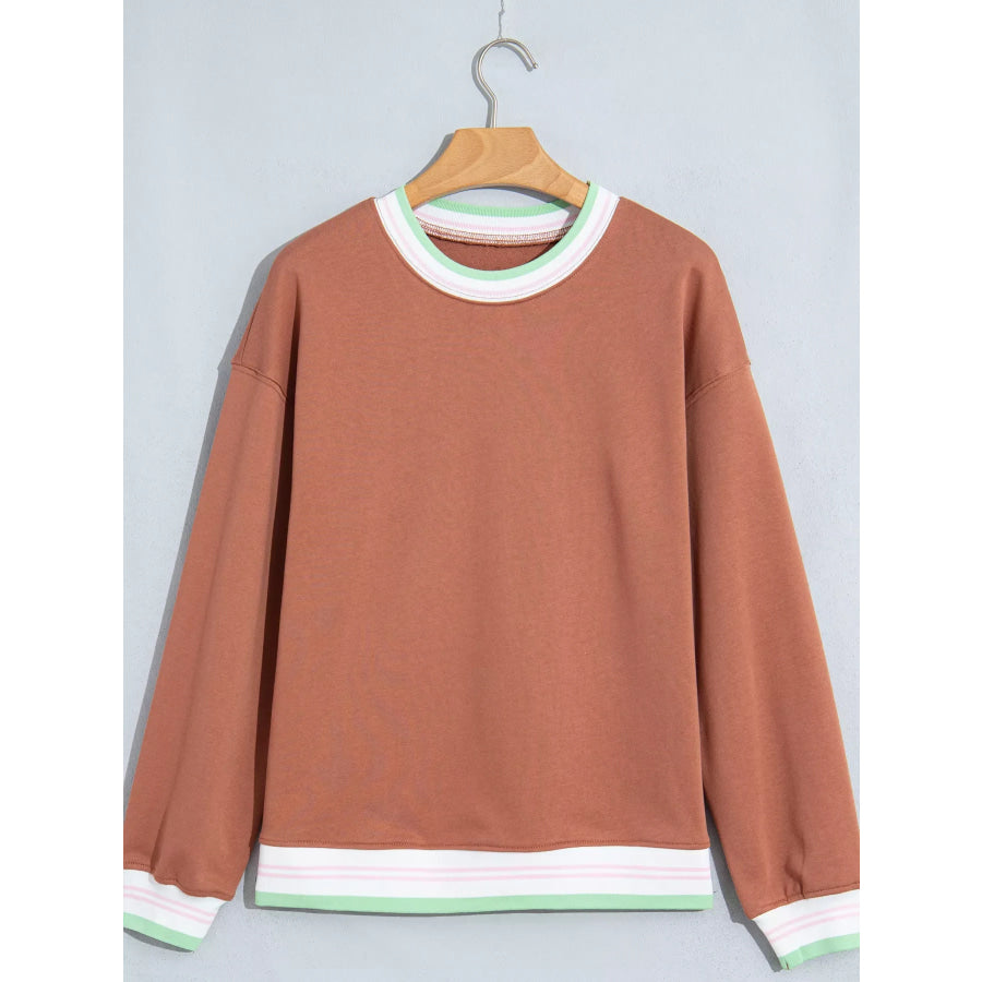 Contrast Striped Trim Baggy Pullover Sweatshirt Terracotta / S Apparel and Accessories