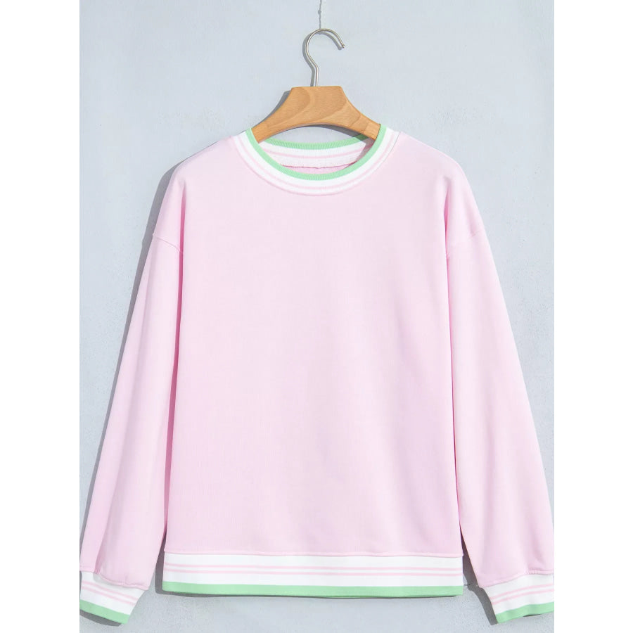 Contrast Striped Trim Baggy Pullover Sweatshirt Blush Pink / S Apparel and Accessories
