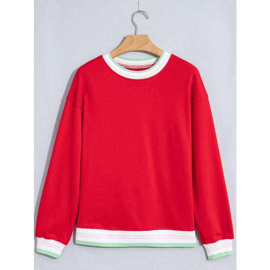 Contrast Striped Trim Baggy Pullover Sweatshirt Deep Red / S Apparel and Accessories