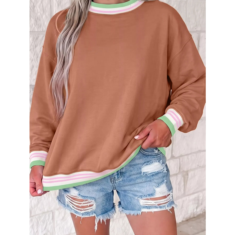 Contrast Striped Trim Baggy Pullover Sweatshirt Terracotta / S Apparel and Accessories