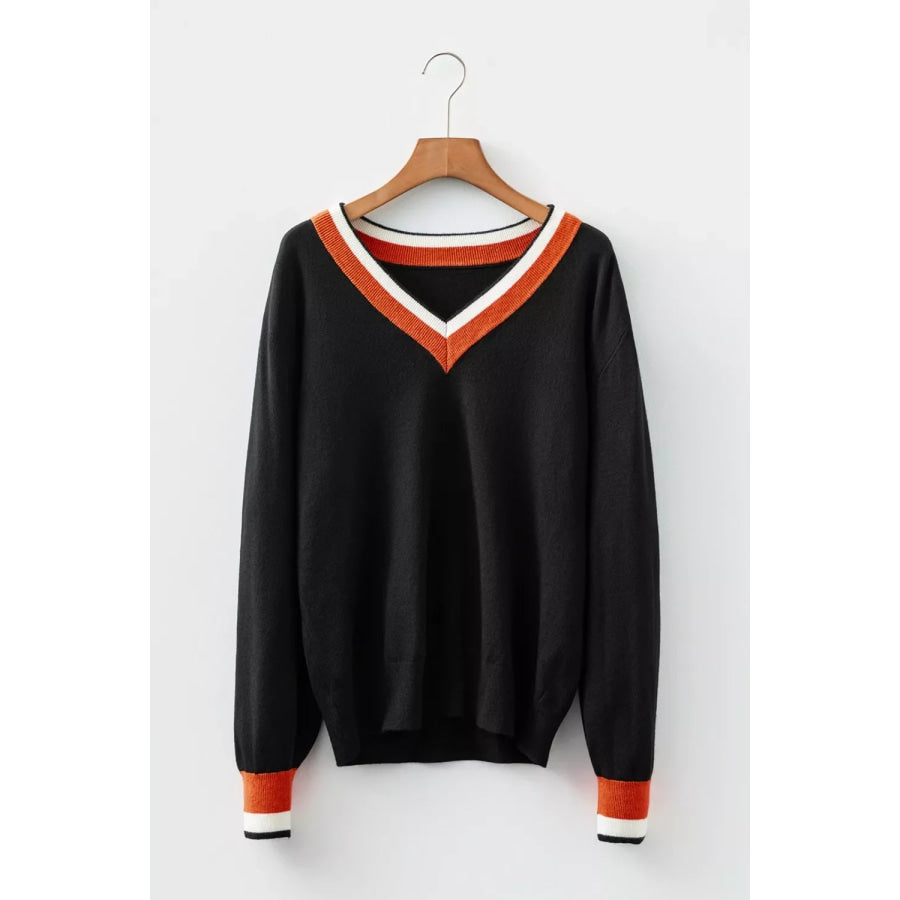 Contrast Striped Trim V Neck Varsity Sweater Apparel and Accessories