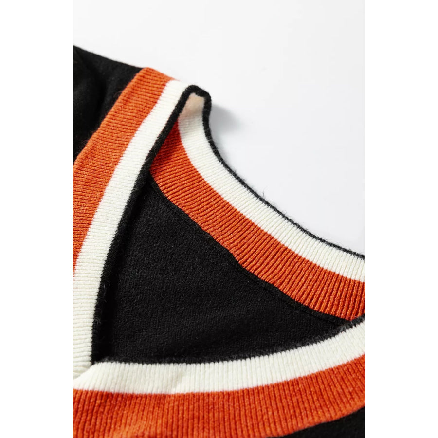 Contrast Striped Trim V Neck Varsity Sweater Apparel and Accessories