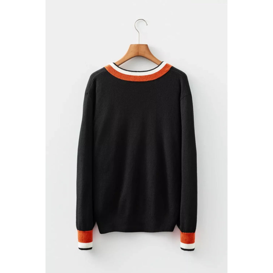 Contrast Striped Trim V Neck Varsity Sweater Apparel and Accessories