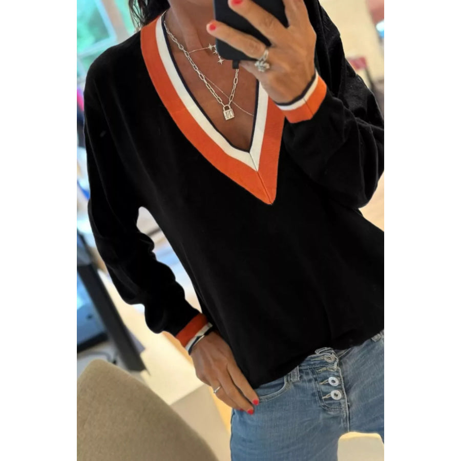 Contrast Striped Trim V Neck Varsity Sweater Apparel and Accessories