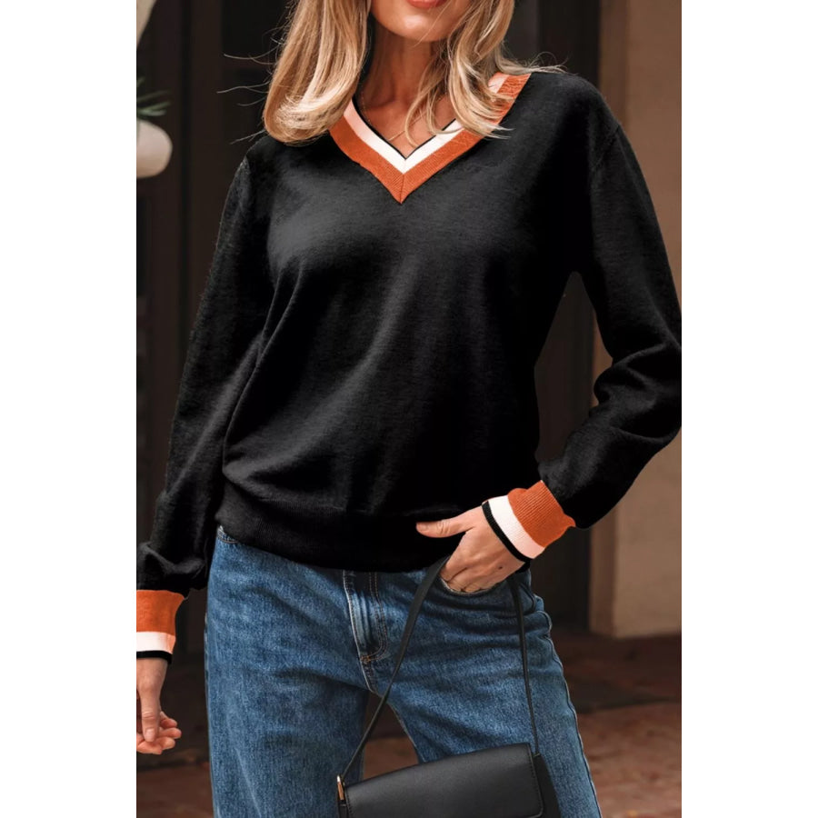 Contrast Striped Trim V Neck Varsity Sweater Black / S Apparel and Accessories