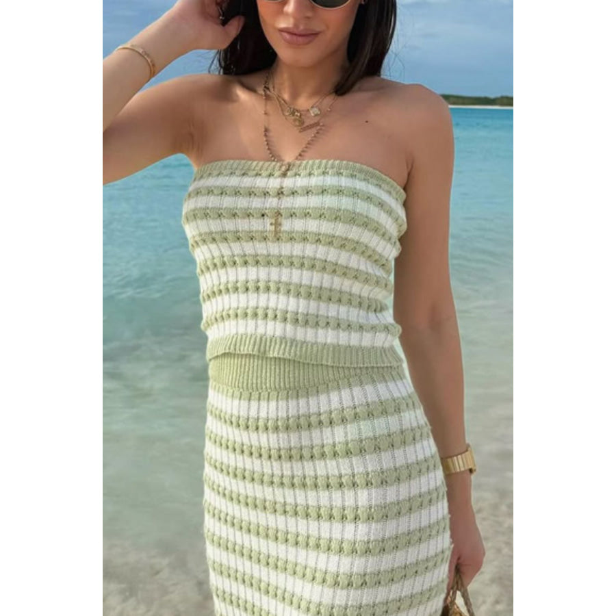 Contrast Striped Tube Top and Skirt Sweater Set Green/White / S Apparel and Accessories